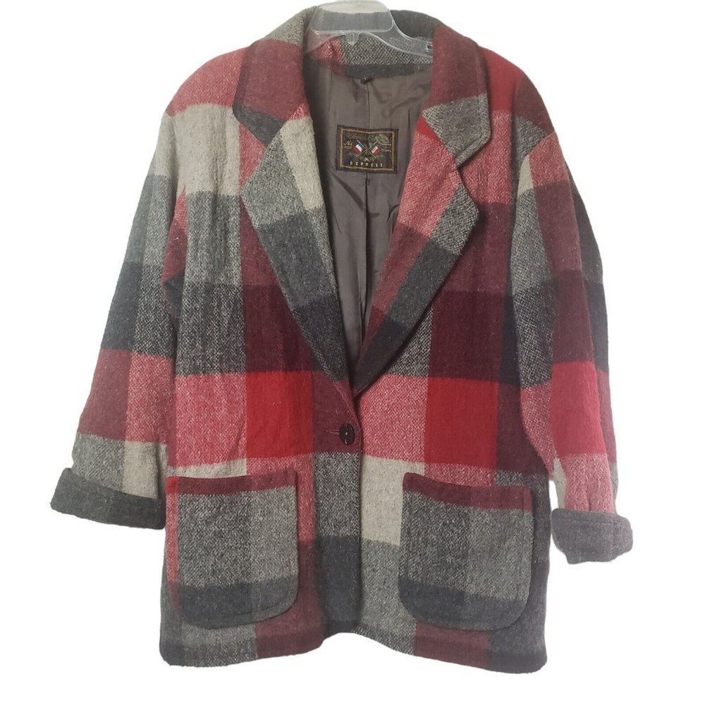 Vintage French Country Express Wool Blazer Jacket Size L Colorful Plaid